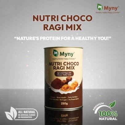 Myny Nutri Choco Ragi Mix – 100% natural sprouted ragi health drink with choco-malty flavor for energy, bone health, and tasty nutrition. No sugar, no preservatives, all-natural protein mix for kids and adults. Premium healthy ragi drink powder brand in India.